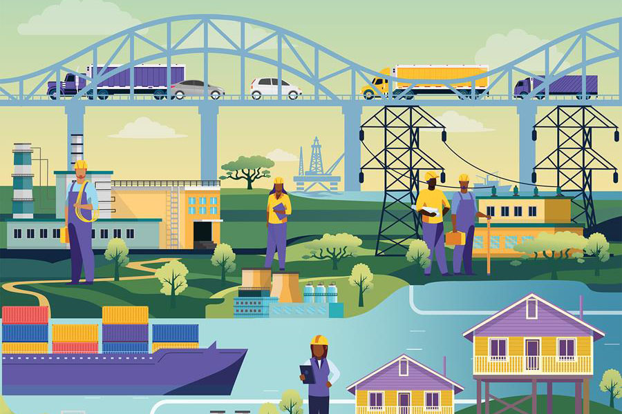 Illustration of a Louisiana landscape highlighting several areas of LSU research