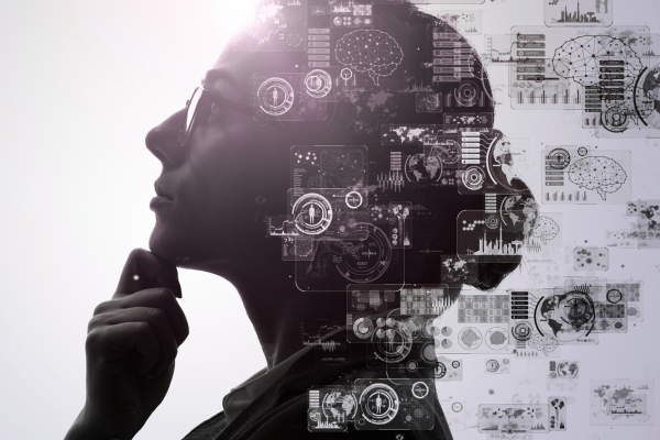 A contemplative woman is seen in side profile, around her there are images of computer code, graphs, and other illustrations