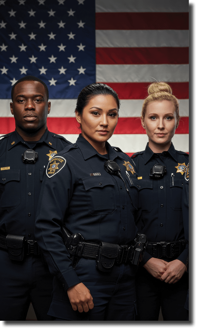 Diverse police officers standing proudly in front of american flag.