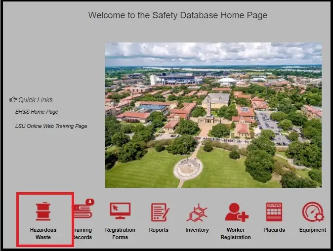 Safety Database Home Page with the "Hazardous Waste" icon highlighted.