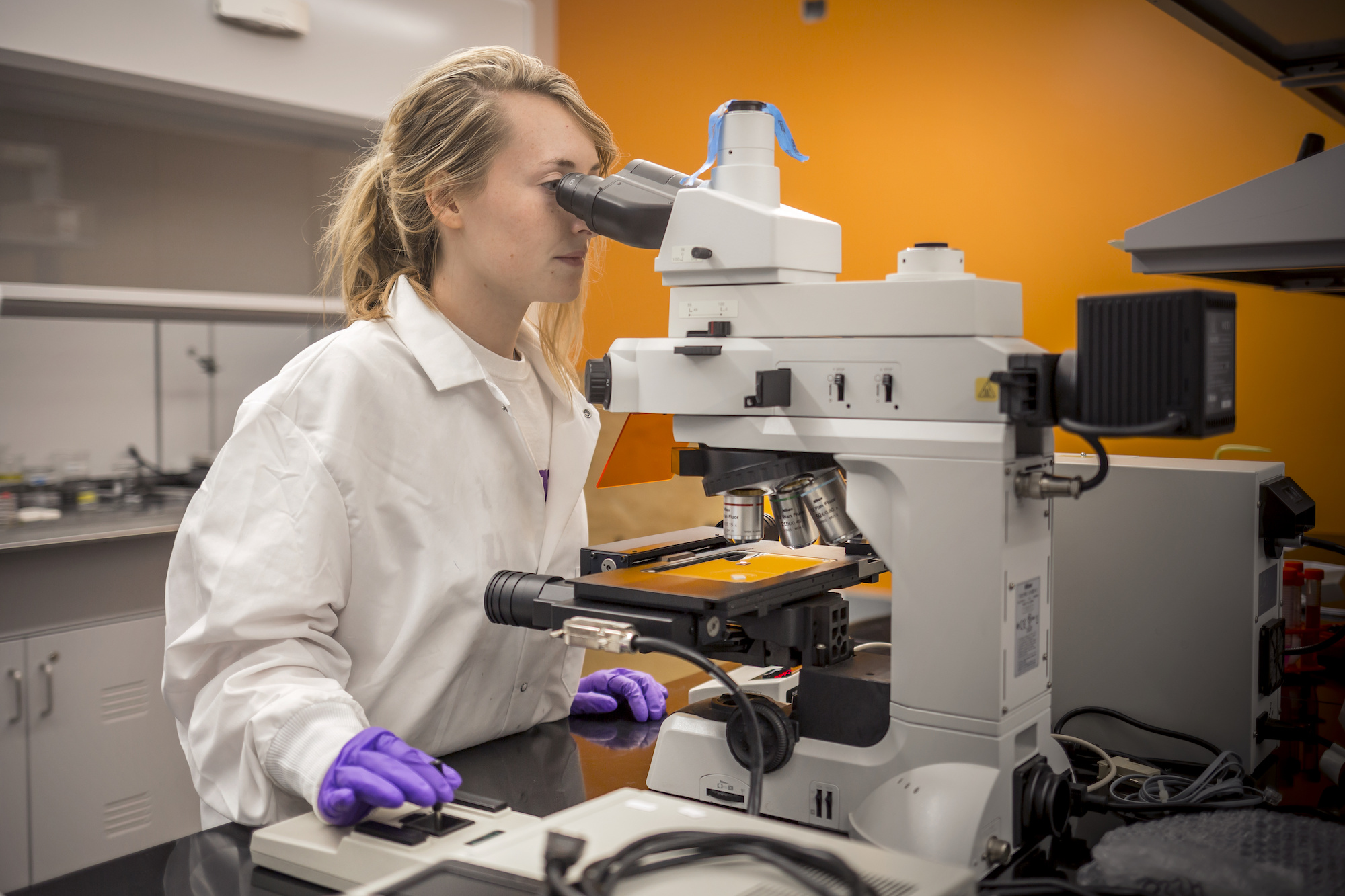 Engineering student peers through a microscope.