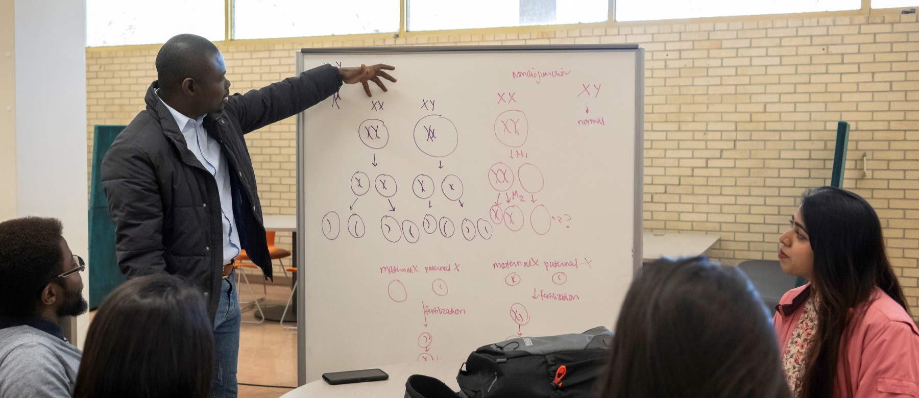 students listen to a lecture, as the presenter points to a marker-board