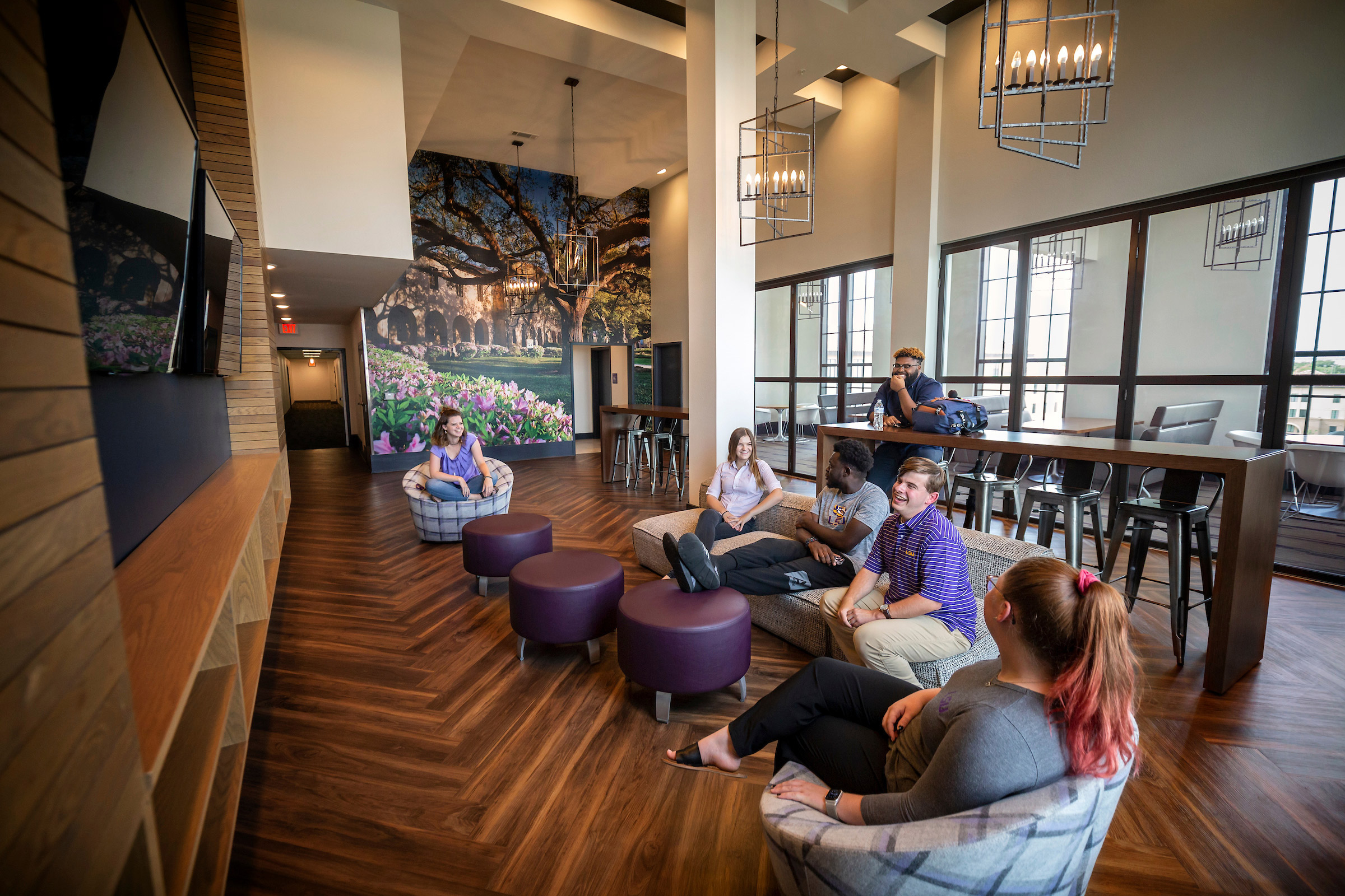 students and staff chatting in lounge